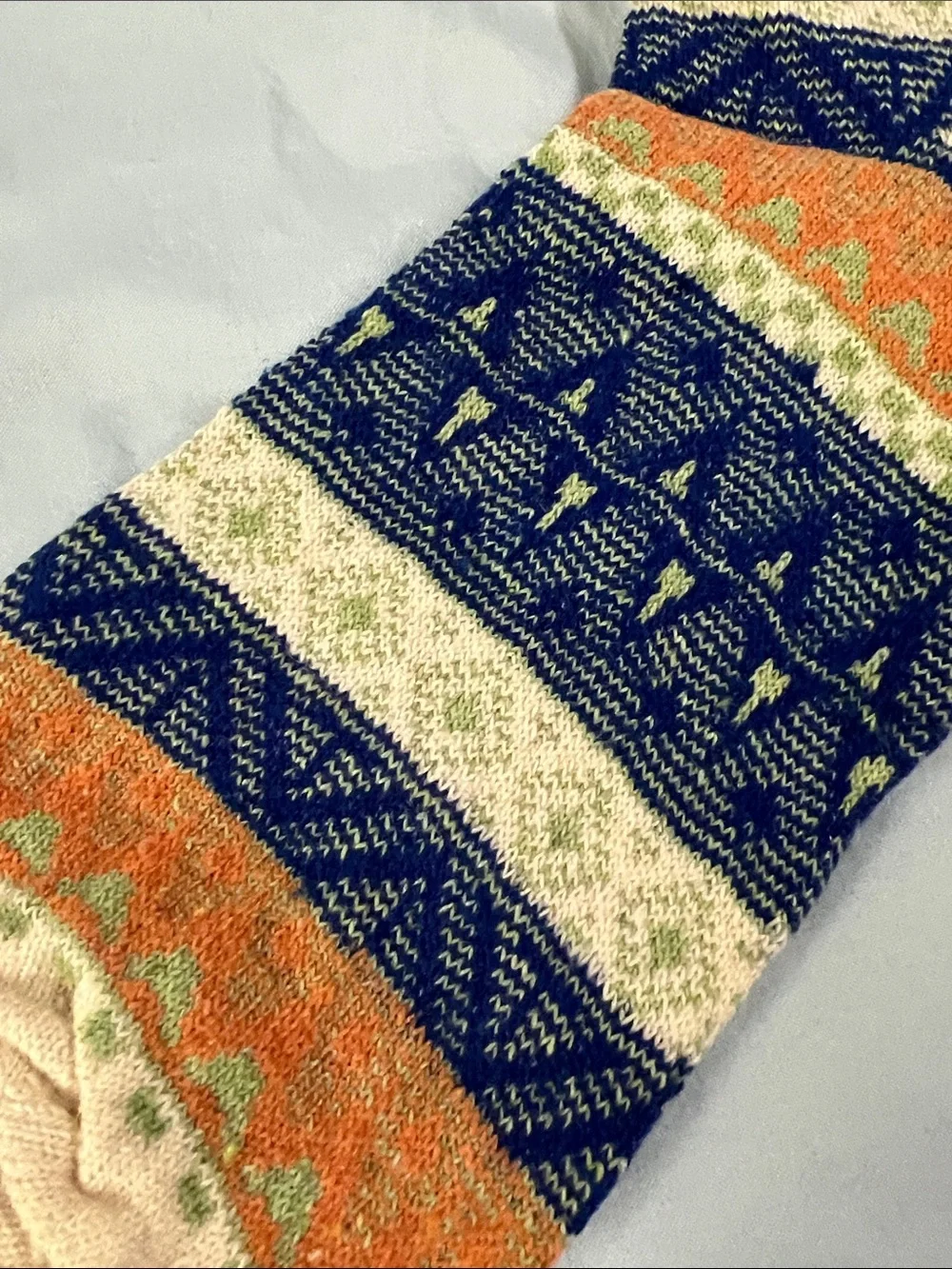 Vintage Classic Fair Isle Wool Tall Crew Socks in Navy, Orange & Cream
